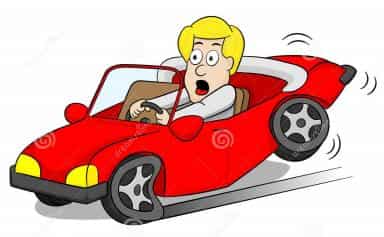 Cartoon of red car slaming on the brakes driver looks shocked